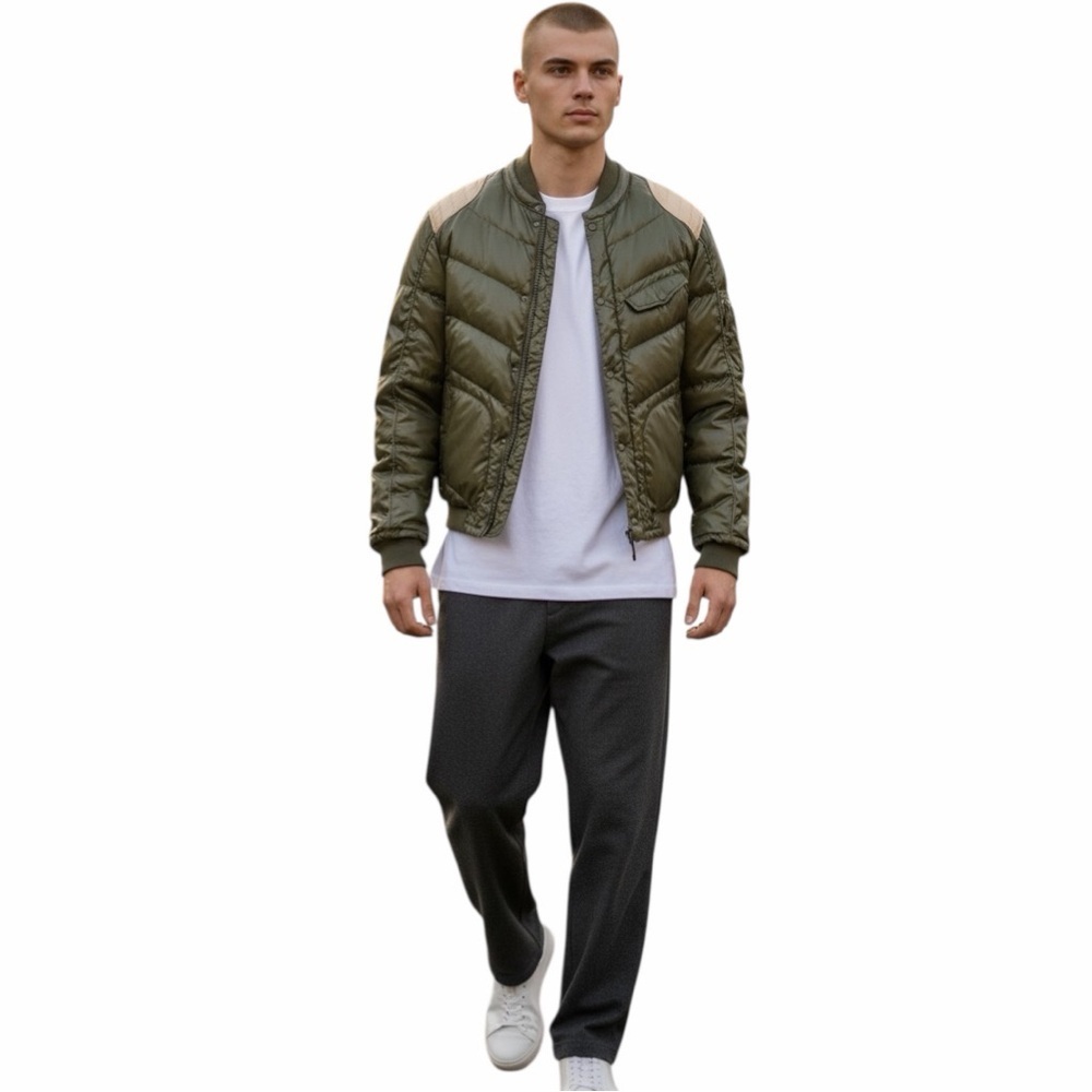 GUESS Vintage Y2K Olive Green Glossy Puffer Bomber Jacket Size L